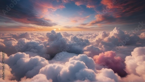 A cinematic view of the sky above the clouds, with a stunning range of colors and textures. The clouds seem to dance and swirl, creating a mesmerizing scene that would make for a perfect wallpaper. photo