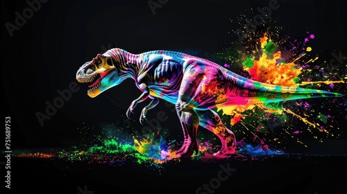 A wild predator T-rex, designed for hunting, yet a beautiful majestic creature. Painted with paint splash technique. Isolated black background. Also for T-shirt printing pattern. Generative AI