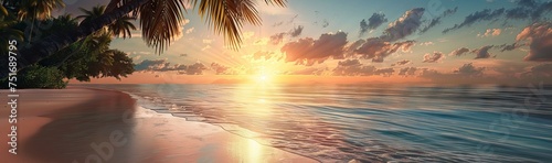 Sunset with palm trees on beach, landscape of palms on sea island. AI generated illustration photo