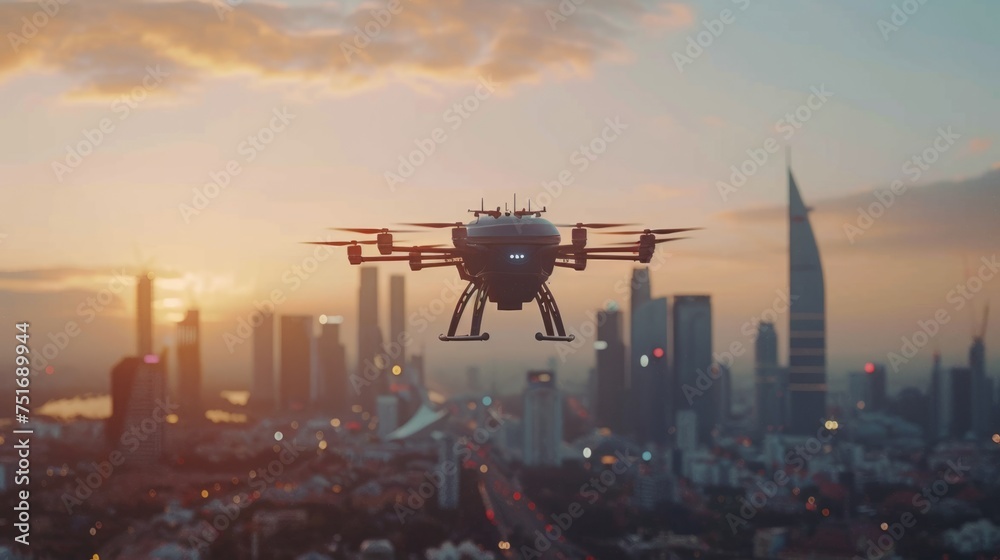 Urban air mobility drones transporting people and goods across city skylines - obrazy, fototapety, plakaty 