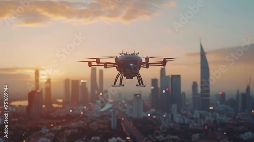 Urban air mobility drones transporting people and goods across city skylines photo