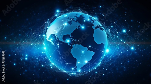 Blue backdrop depicting global digital technology network connectivity, embodying futuristic cyber tech, AI, fiber optics, and 5G wireless evolution, in an abstract vector illustration.