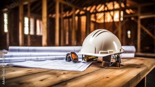 Architectural drawings and a hard hat on a rustic wooden