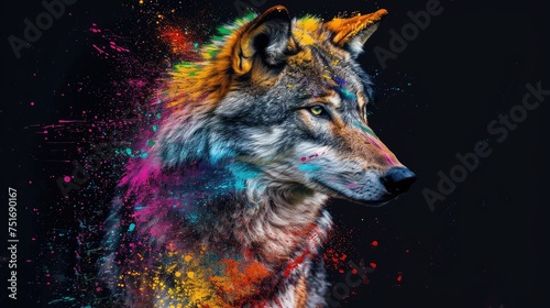 A wild predator wolf, designed for hunting, yet a beautiful majestic creature. Painted with paint splash technique. Isolated black background. Also for T-shirt printing pattern. Generative AI