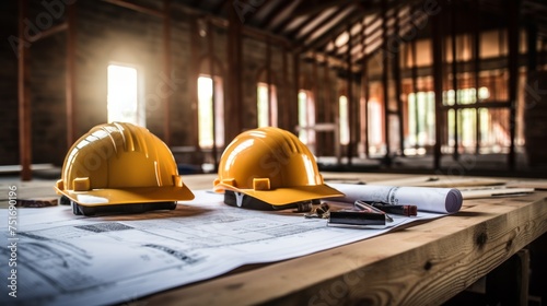 Architectural drawings and a hard hat on a rustic wooden