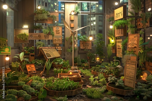 An office building's rooftop garden, transformed into an Earth Day paradise with an array of eco-friendly and sustainable decorations.