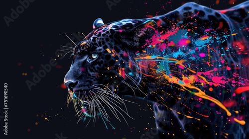 A wild predator black panther, designed for hunting, yet a beautiful majestic creature. Painted with paint splash technique. Isolated black background. Also for T-shirt printing pattern. Generative AI