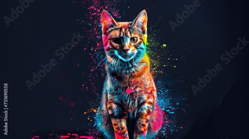 A wild predator cat, designed for hunting, yet a beautiful majestic creature. Painted with paint splash technique. Isolated black background. Also for T-shirt printing pattern. Generative AI