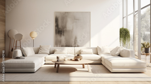 A stylish living room with a minimalist decor and a monochromatic color scheme, featuring a white couch and a grey rug