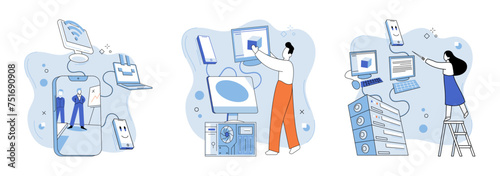 Computer lab. Vector illustration. The invention computers has revolutionized technology landscape and transformed industries Modern machinery and automation optimize manufacturing processes