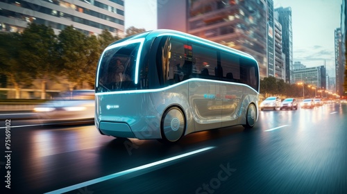 Smart vehicle concept, autonomous electric shuttle bus self driving on street. © Media Srock
