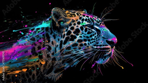 A wild predator leopard  designed for hunting  yet a beautiful majestic creature. Painted with paint splash technique. Isolated black background. Also for T-shirt printing pattern. Generative AI