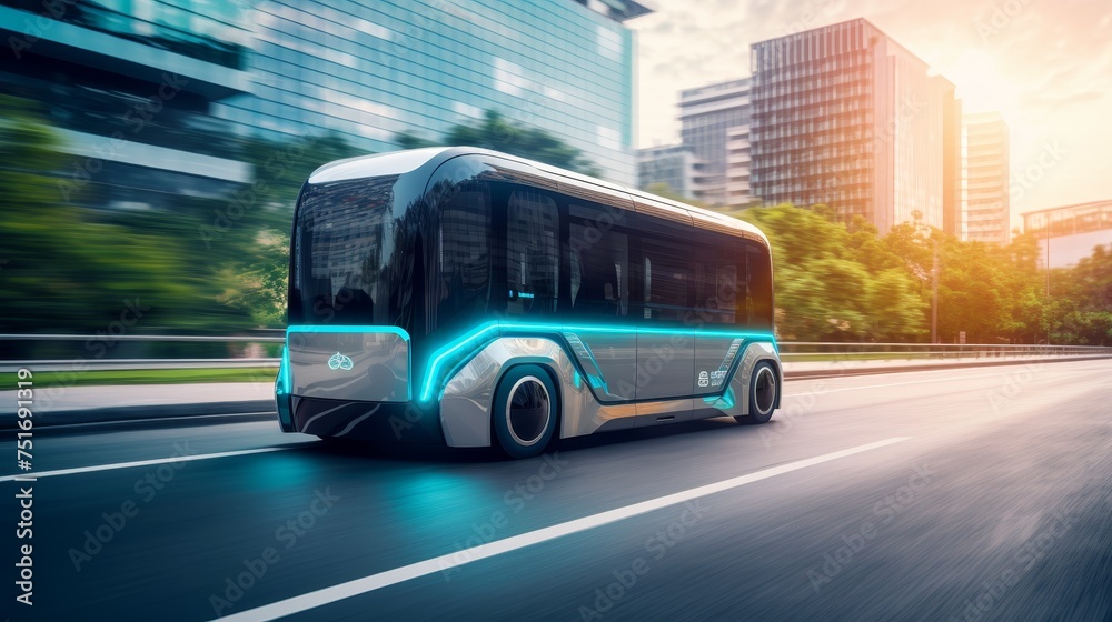 Smart vehicle concept, autonomous electric shuttle bus self driving on street.