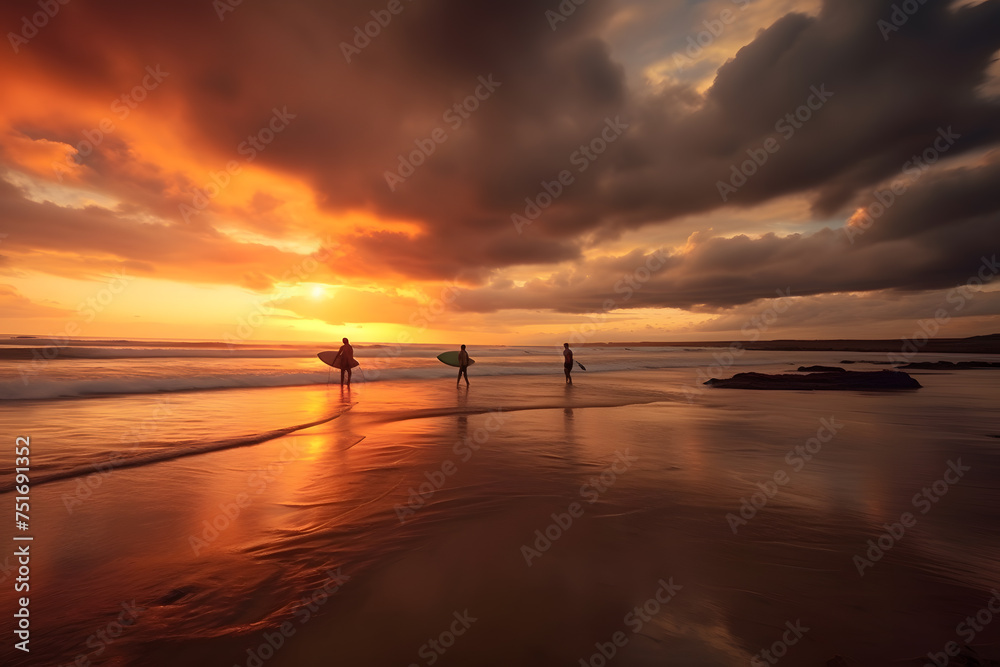 Group of surfers with boards on beach, under amber afterglow sky at sunset Group of surfers with boards on beach, under amber afterglow sky at sunset