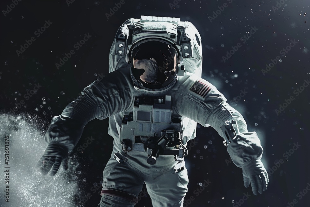 The astronaut has fun or escapes and jumps out of the spaceship's airlock into outer space. The animation is for fantastic, the futuristic or space travel backgrounds. 