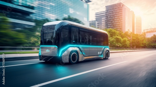 Smart vehicle concept, autonomous electric shuttle bus self driving on street. photo