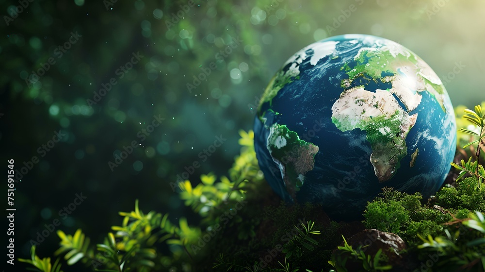 Globe on green grass and blue sky background. 3d render Globe on green grass and blue sky background. 3d render