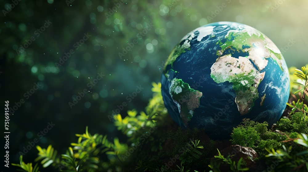 Globe on green grass and blue sky background. 3d render