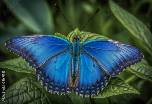 Blue butterfly on a green leaf
