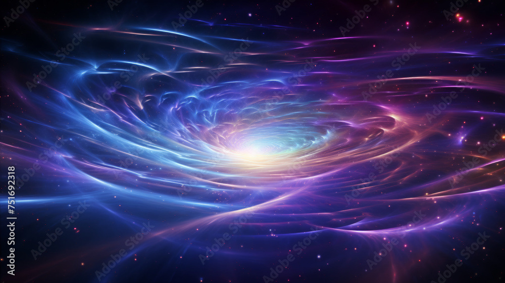 Artistic rendition of a spiral galaxy, which is ensnared by swirling patterns and a vivid interplay of colors