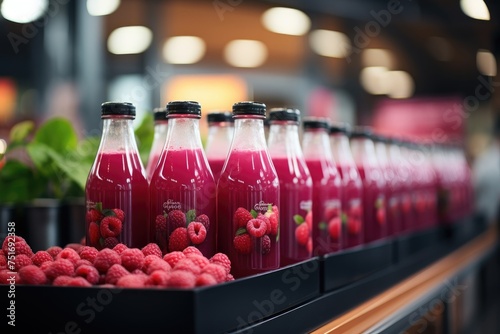 Bottles of fresh pink raspberries juice on shelf in a store. Commerce and health © Marat
