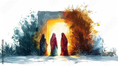 Three women standing before the open entrance of an empty tomb, depicted in a vibrant watercolor style. photo