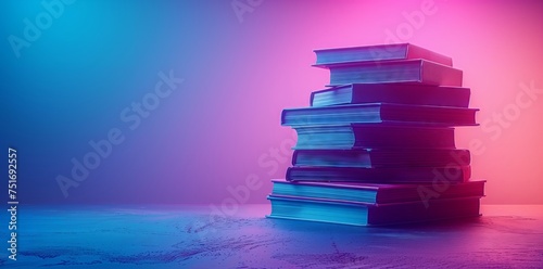 A stack of books in shades of violet and magenta, with electric blue accents, sits on a table. The font on the spines creates a colorful horizon of art