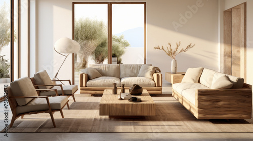 A stylish living room with an eco-friendly loveseat  armchairs and end table made from natural fabrics