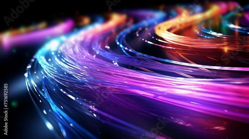 Computer-generated abstract background featuring colorful new technology with fiber optic cables in 3D rendering.
