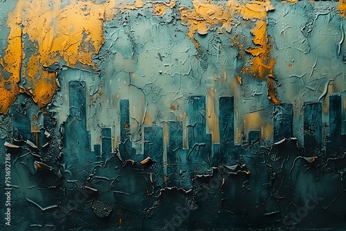 Cityscape on a grungy concrete wall texture with scratched paint