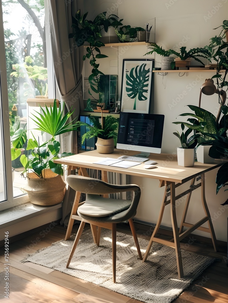 Cozy home office corner with plants - A well-organized, neat workspace corner with a desk, computer and multiple indoor plants, suggesting productivity