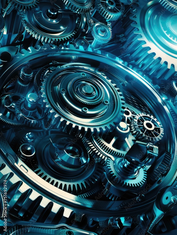 Complex blue machine gears and cogs close-up - An intricate display of ...