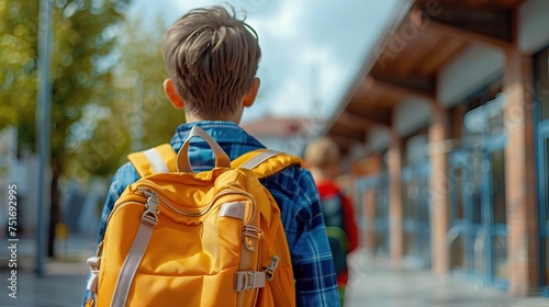 Back view of black child with curly short hair carrying backpack on shoulders going home from school or sport center down pavement on sunny spring day. AI generated illustration photo