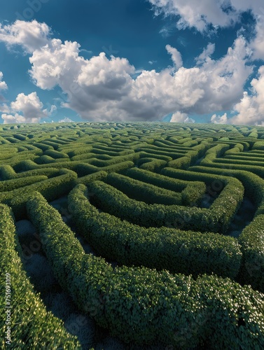 Green hedge maze under bright blue sky - Bright green hedges form a maze under a clear blue sky, symbolizing complexity and problem-solving