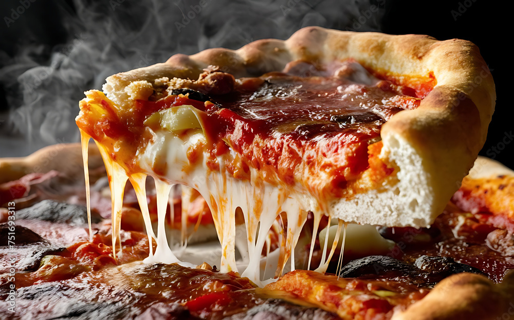 Capture the essence of Deep Dish Pizza in a mouthwatering food photography shot