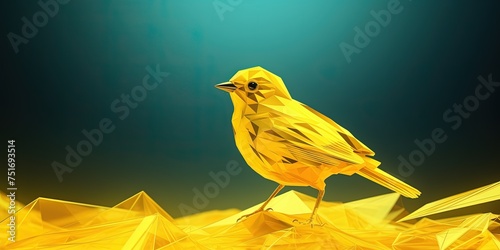 small virtual canary bird standing on low poly digital surface in metaverse concept banner photo