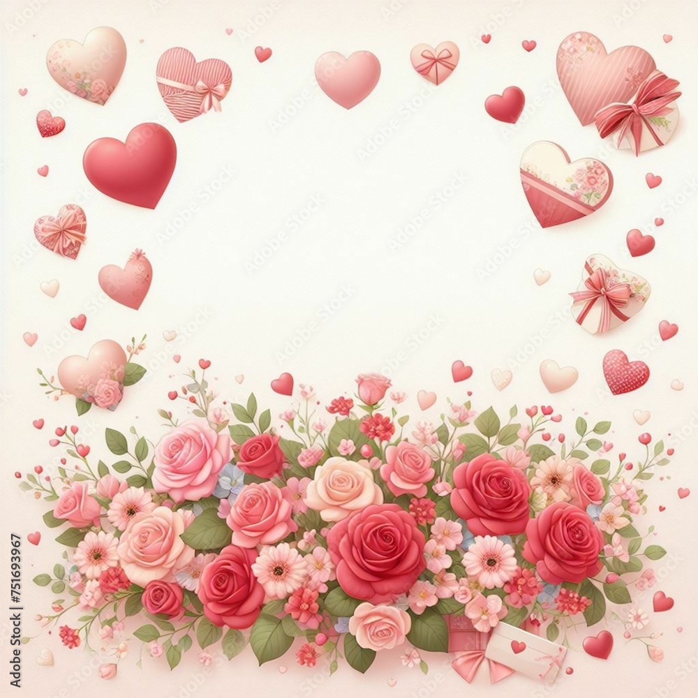 Valentine's day, decoration, love, cute, roses, blank space, hearts, design, holiday, celebration, pink and red, flowers, bouquet, pattern, june, realistic, detailed