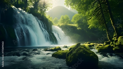 Sunlit Cascading Waterfall Amidst Mossy Rocks and Verdant Trees  Nature s Serene Symphony in Adobe Stock   Tranquil Riverbank Scene  Moss-Clad Rocks  Towering Trees  and Sunlit Waterscapes on Adobe St