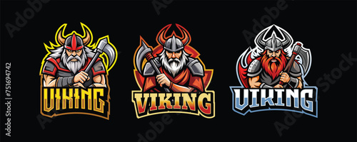 viking esport gaming logo. set of viking mascot design photo