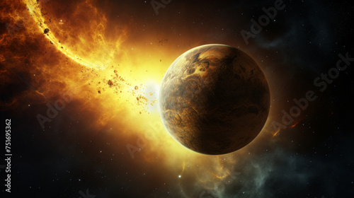 An artist's impression of a giant planet close-up with asteroid debris colliding against its surface