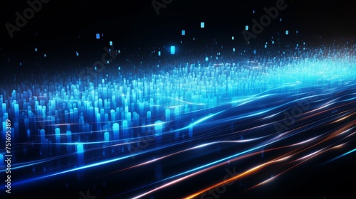 Futuristic abstract background illustrating wireless data transmission, high-speed internet, fiber optic networks, and AI technology.
