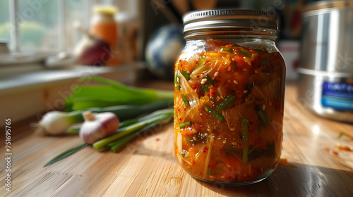 Kimchi. Beijing kimchi cabbage with vegetables in jars. Fermentation, probiotics photo
