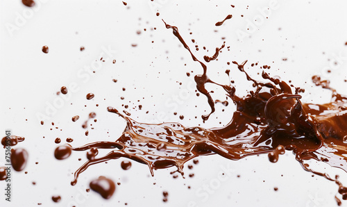 Liquid chocolate crown splash. In a liquid chocolate pool. With circle ripples. Side view, isolated on white background. chocolate explosion, splash of chocolate, splash, easy to cut out.