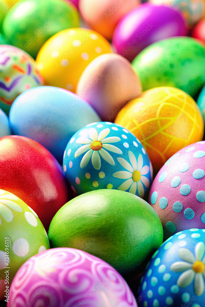 A vibrant and cheerful collection of Easter eggs adorns a colorful background, setting the scene for joyous Easter celebrations A vibrant and cheerful collection of Easter eggs adorns a colorful background, setting the scene for joyous Easter celebrations