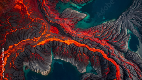 abstract shot of a lava flow flowing between black rocks in fiery red tones and flowing into the cold waters of the sea