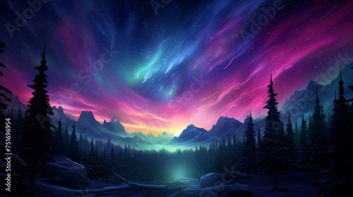 A mesmerizing winter forest scene under a captivating aurora borealis with a star-filled sky