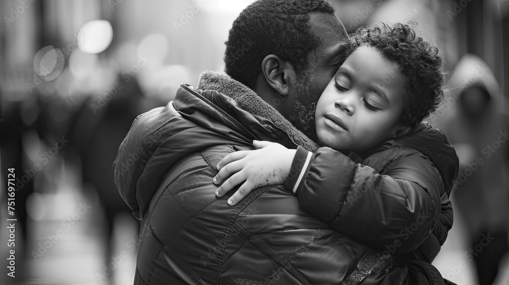 A different view, capturing the emotional moment of a father embracing his child on the street, reflecting the strength of family unity. A different view, capturing the emotional moment of a father embracing his child on the street, reflecting the strength of family unity.
