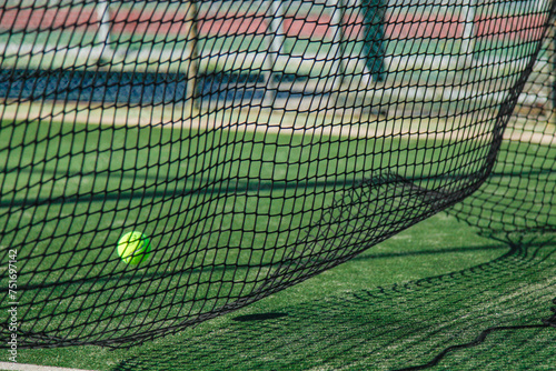 Tennis or padel ball in a net, green field