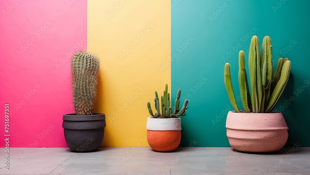 beautiful cacti in colored pots on a multi-colored wall background - obrazy, fototapety, plakaty 