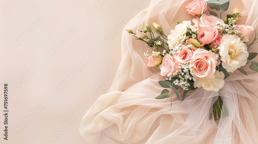 Wedding bouquet made of pastel roses on a white background with copy space